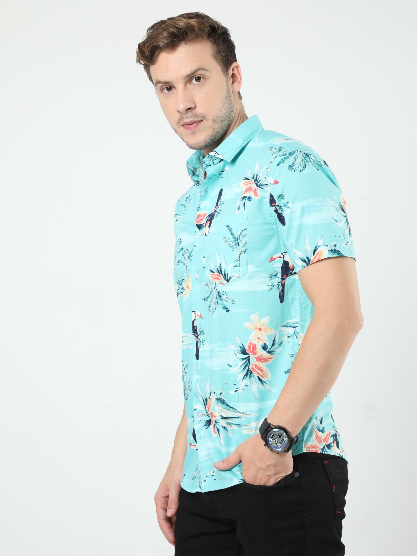 Blue Printed Half Sleeves Shirt