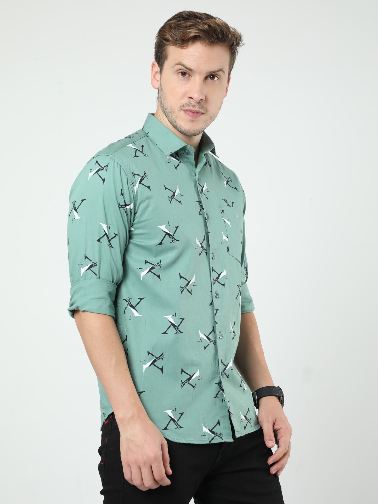 Green Printed Twill Full Sleeves Shirt