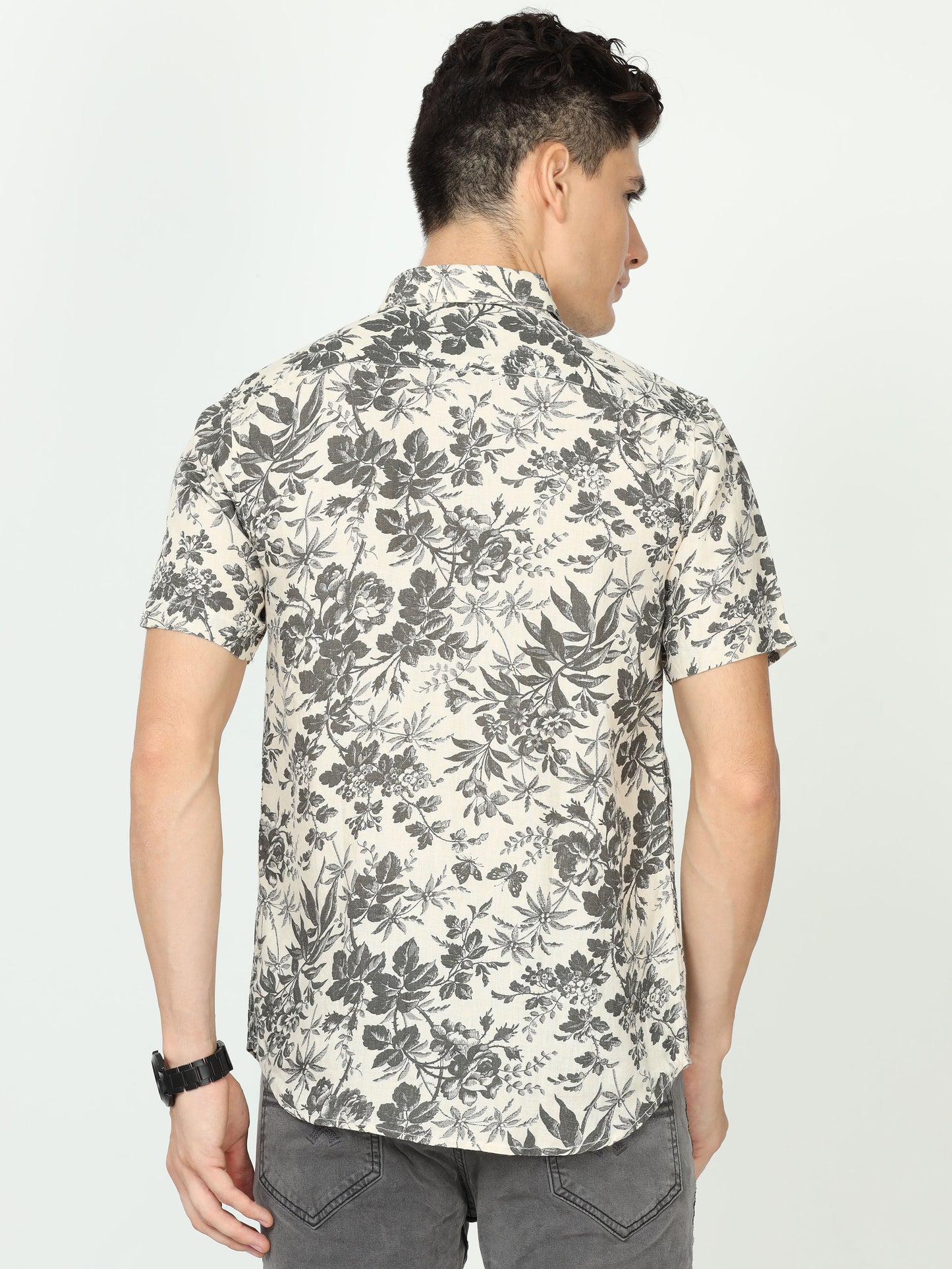 Grey Floral Mens Linen Shirt