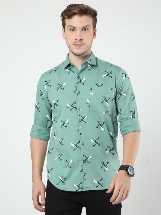 Green Printed Twill Full Sleeves Shirt