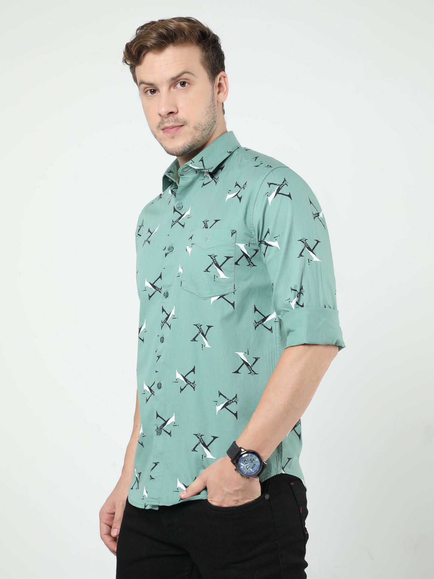 Green Printed Twill Full Sleeves Shirt