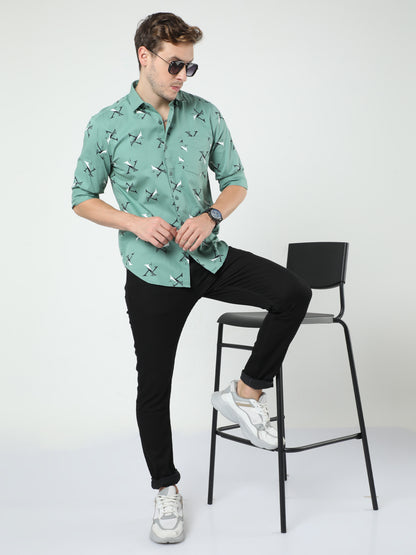 Green Printed Twill Full Sleeves Shirt