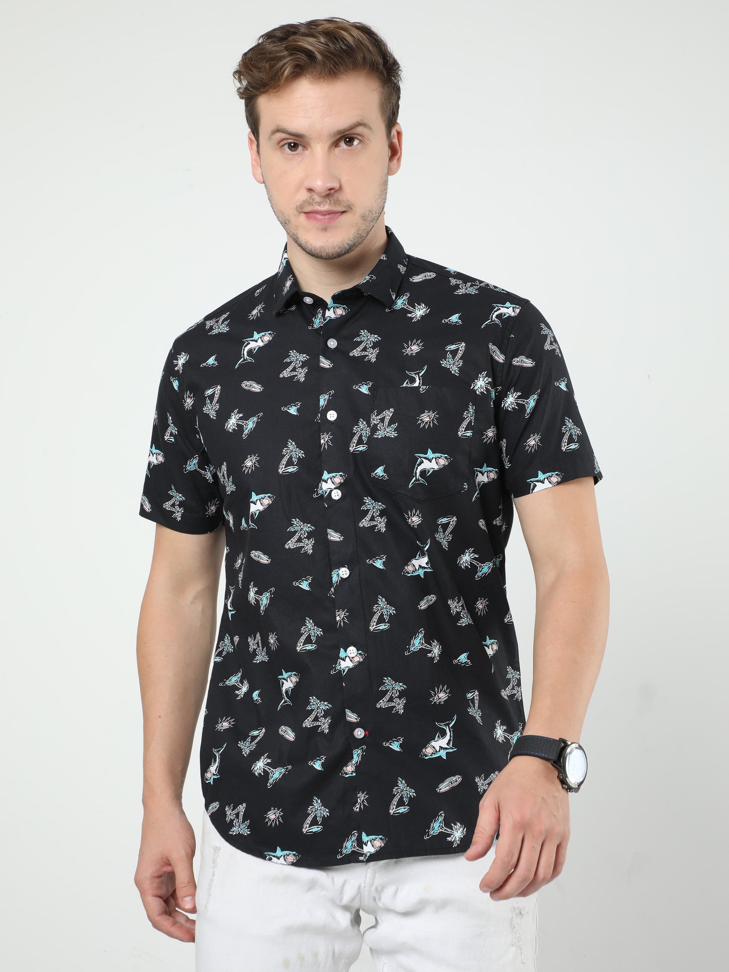 Black Printed Half Sleeves Shirt