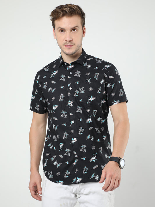 Black Printed Half Sleeves Shirt