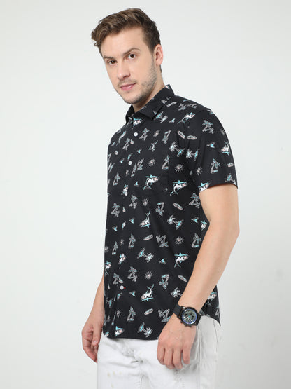 Black Printed Half Sleeves Shirt