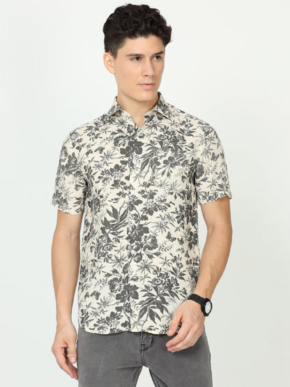 Grey Floral Mens Linen Shirt