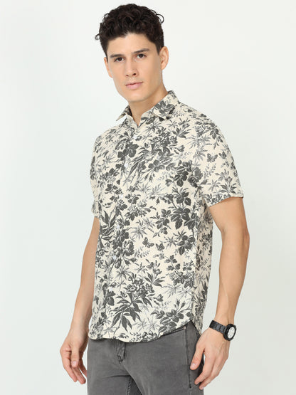 Grey Floral Mens Linen Shirt