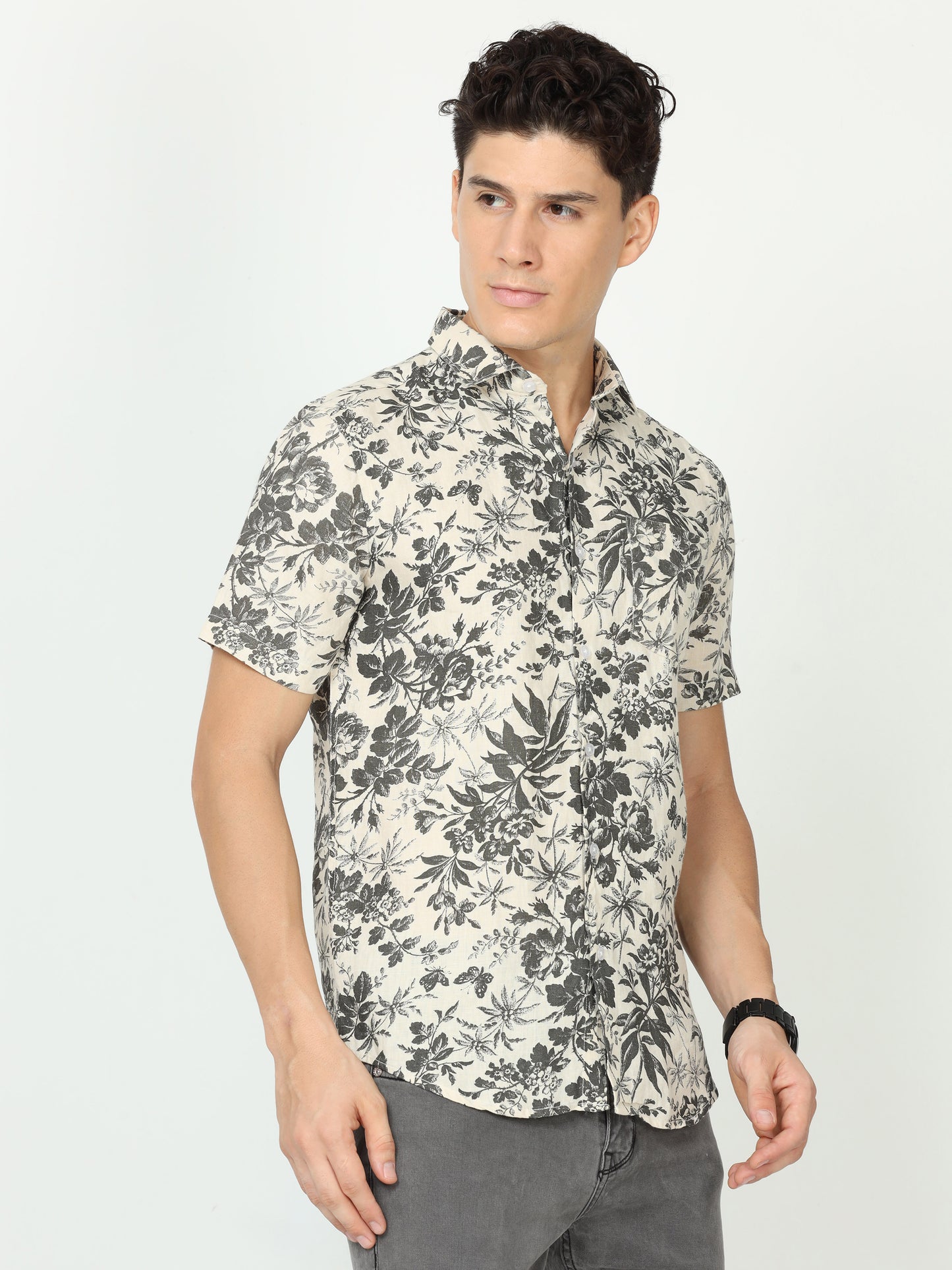 Grey Floral Mens Linen Shirt